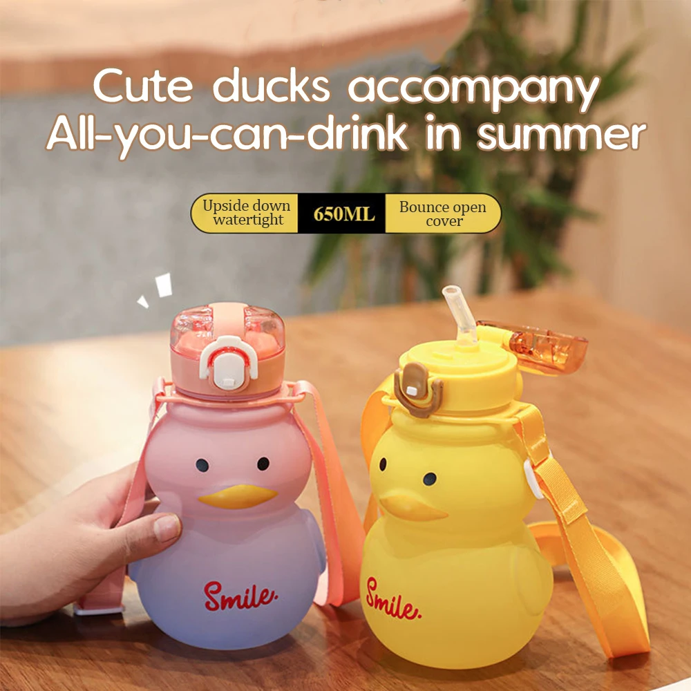 

Kawaii Water Bottle with Straw, Large Capacity, Travel Cup, Cute Duck Kettle, Sport Drinking Mug, Girl Outdoor Bottle, 650ml