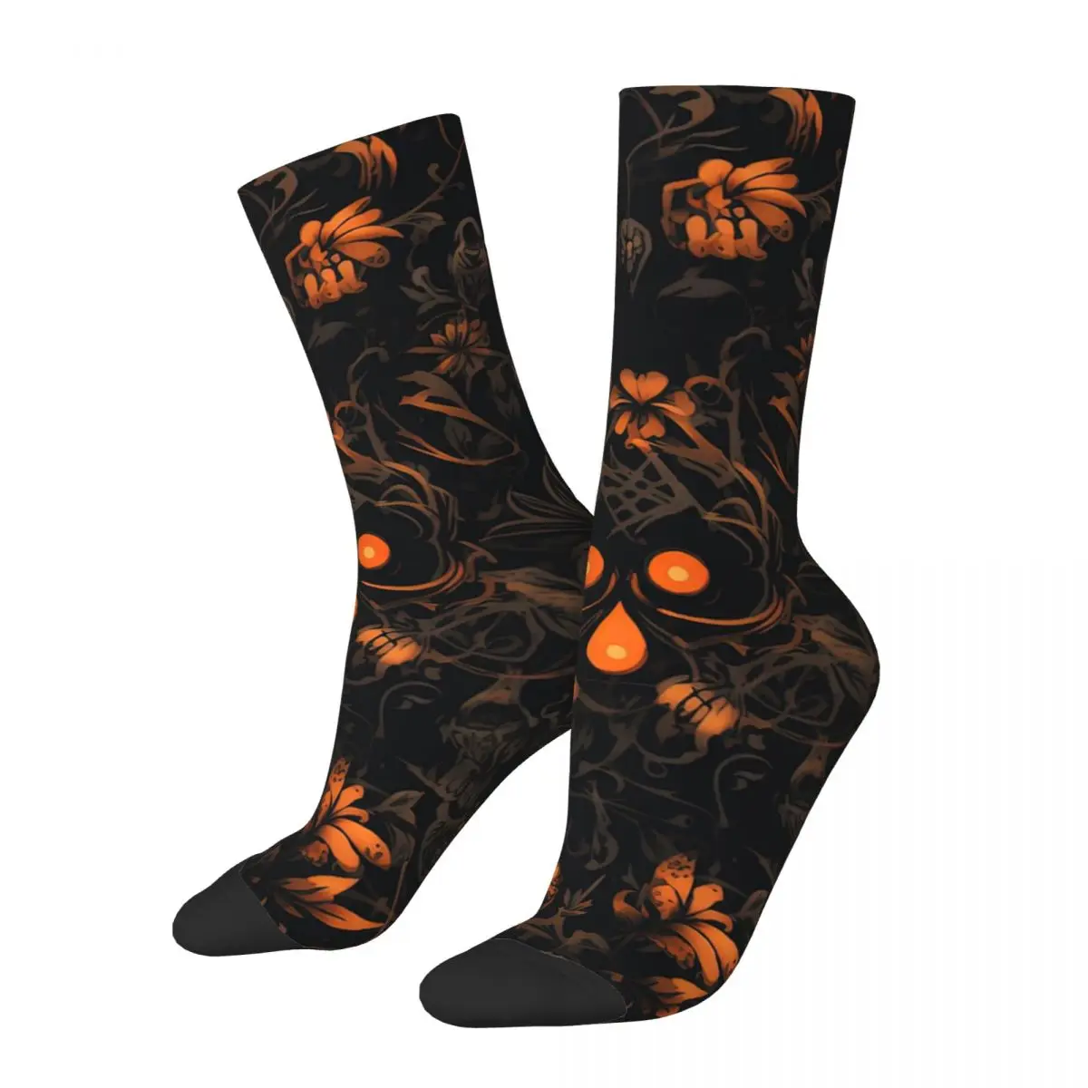 

Black and Orange Flowers with Skulls on Them Socks for Women Men Unisex Funny Happy Socks Novelty Street Style Crazy Sock