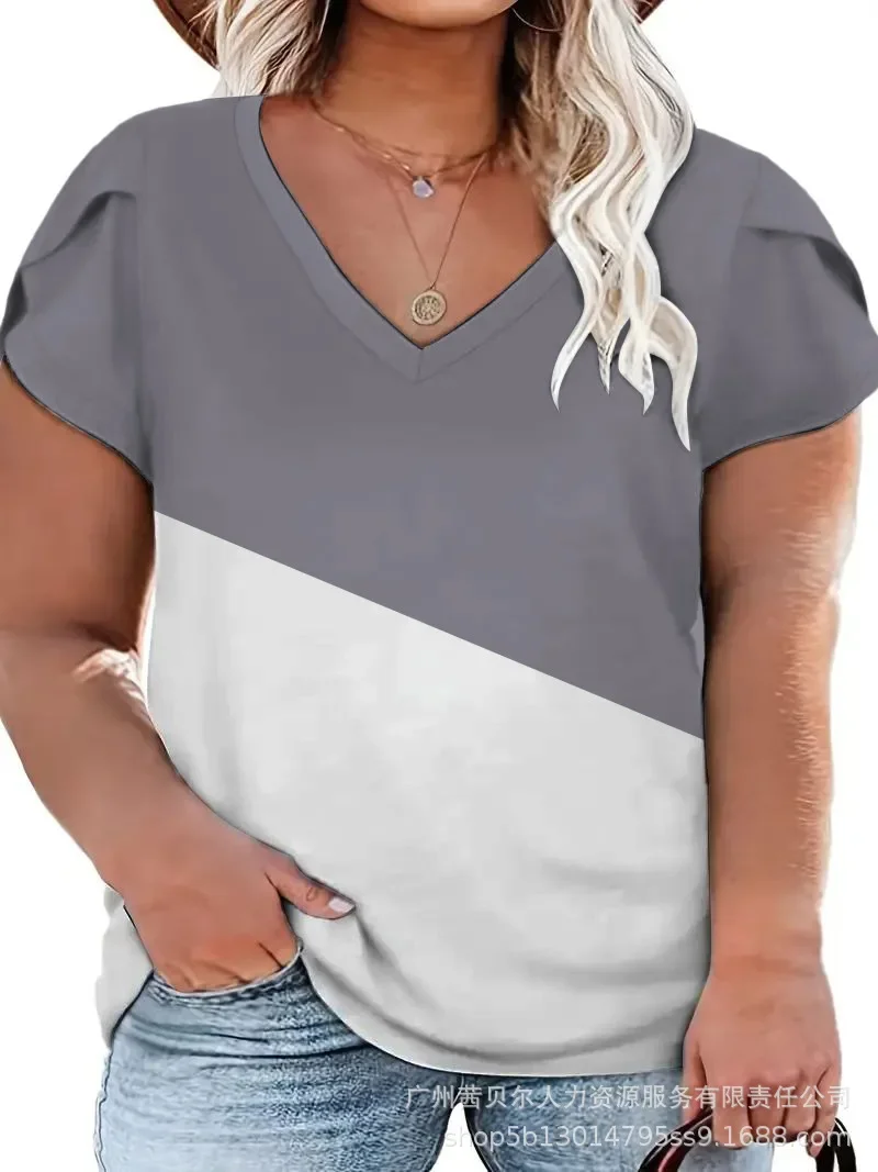 

Plus Size Colorblock Petal Sleeve V-Neck T-Shirt New 2023 Summer Women Tees Tops Loose Beach Tanks Camis Beach Tees Y2k Top