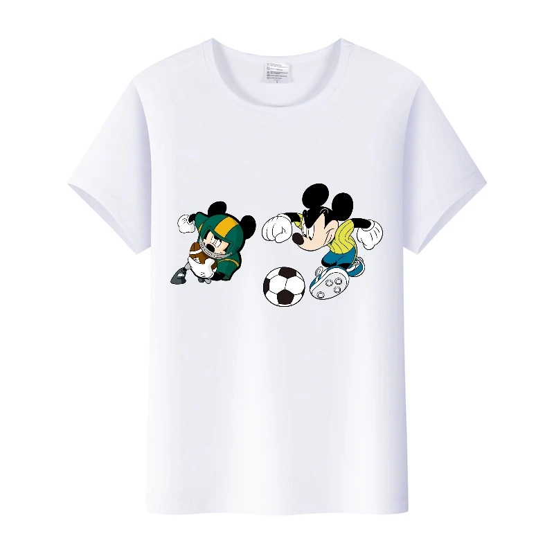 

Sports Disney Cartoon Women Tops Mickey Mouse Football Clothing Summer 90S Shirts White Loose Tees O-Neck Blouses Kids T-shirts