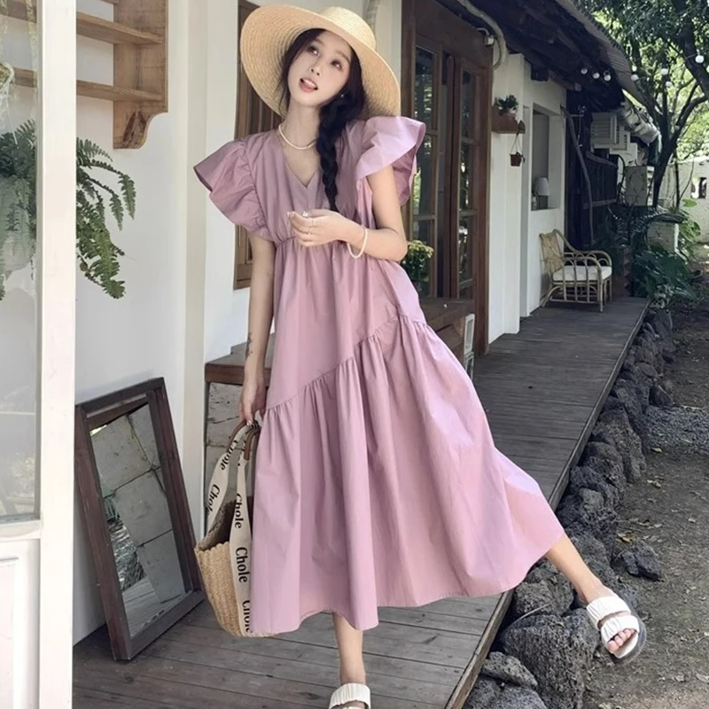 

Fashion V-Neck Solid Color Spliced Folds Ruffles Sleeveless Dress Female Clothing 2024 Summer New Loose All-match Casual Dresses