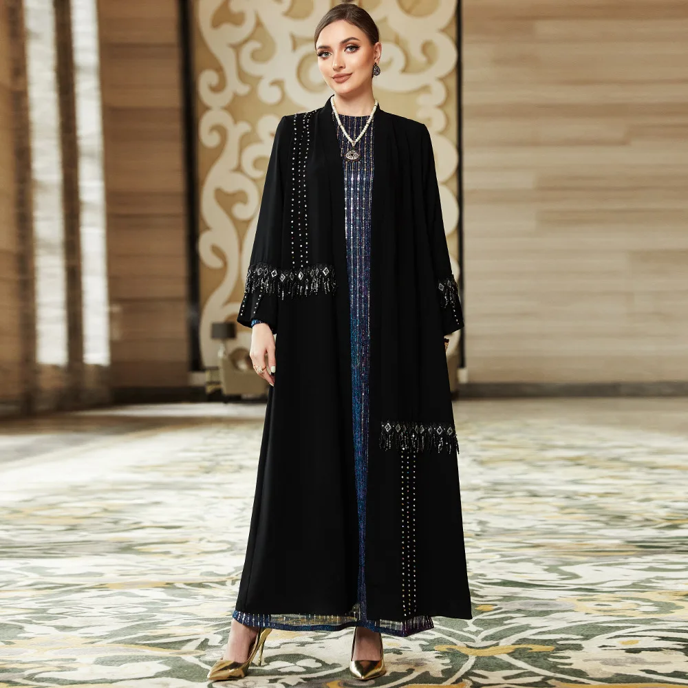 

Women Eid Abaya Dubai Luxury Muslim Dress Beading Kaftan Solid Ramadan Robe 2024 Black Kebaya Caftan Marocain Femme Hijab Abayas