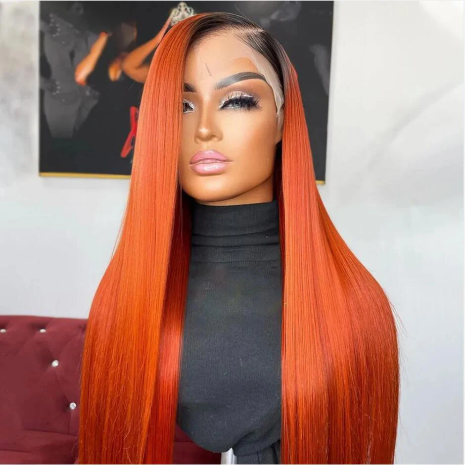 

Soft Preplucked 26“Long Ombre Ginger Orange Silky Straight 180%Density Glueless Lace Front Wig For Black Women Babyhair Daily