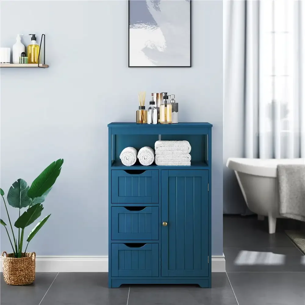 

Wooden Bathroom Floor Cabinet Multiple Tiers Storage Organizer, Navy Blue Bathroom Cabinet Home Furniture