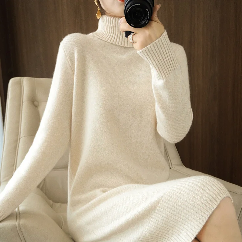 

2023 New Wool Dress Wild Thick Knit Turtleneck Sweater Autumn Winter Women's Base Shirt Large Size Cashmere Pullover Long Skirt