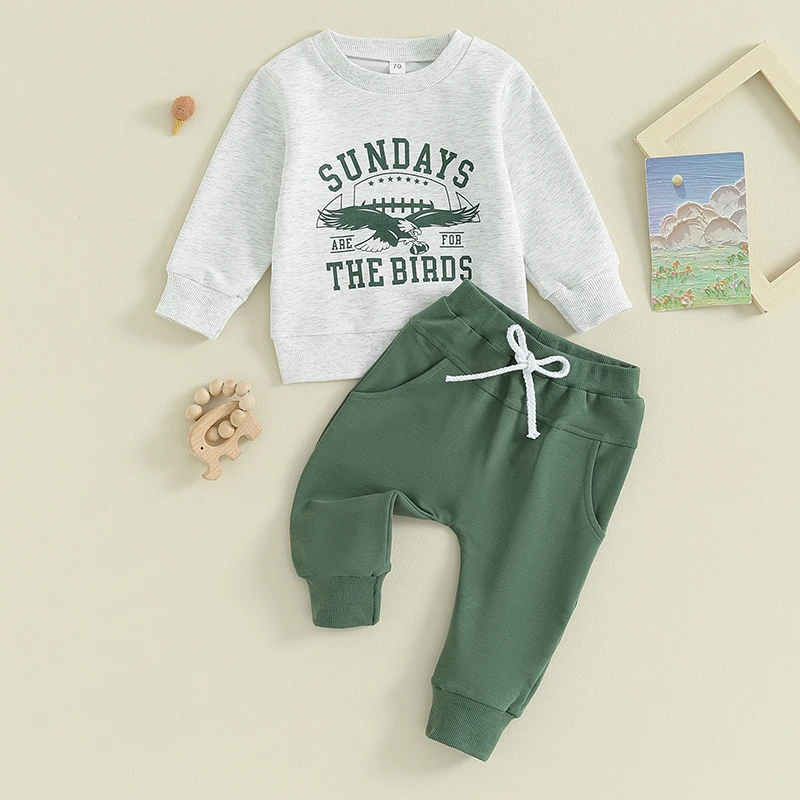 

0-3Y Newborn Infant Baby Boys Fall Outfits Letter Eagle Print Crew Neck Long Sleeve Sweatshirts and Long Pants 2Pcs Clothes Set