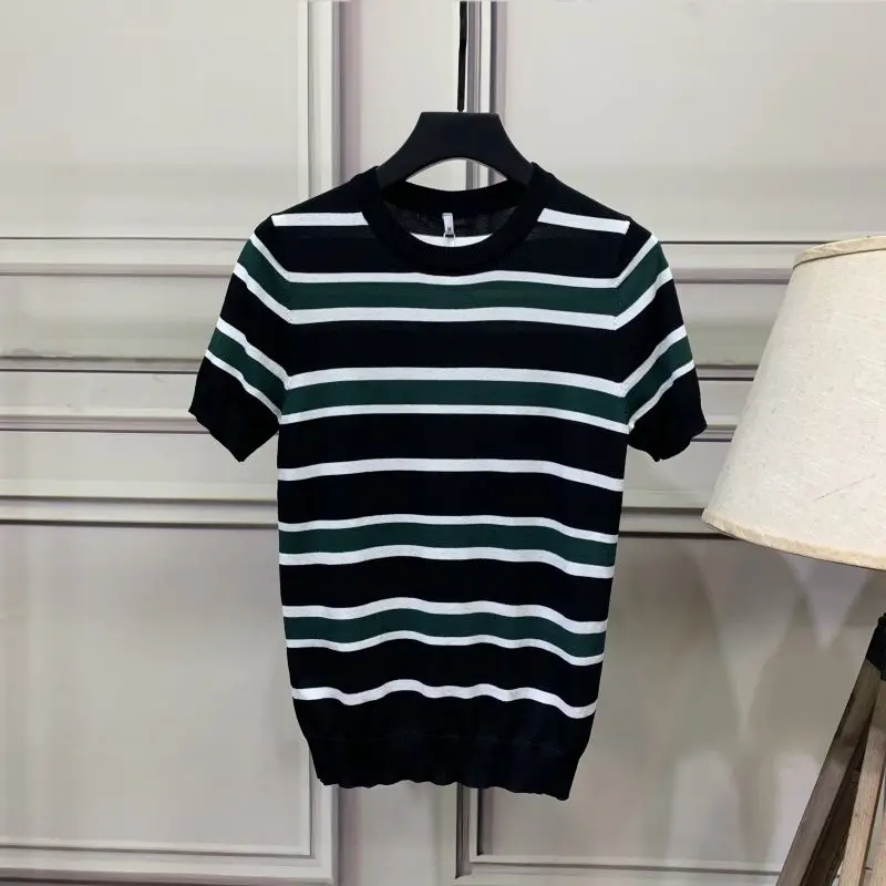 Wool Knitted Short Sleeve Loose Large Size Round Neck Stripe T Shirts Short Sleeve Shirt Contrast Color Business Men Wear Q42
Wool Knitted Short Sleeve Loose Large Size Round Neck Stripe T Shirts Short Sleeve Shirt Contrast Color Business Men Wear Q42