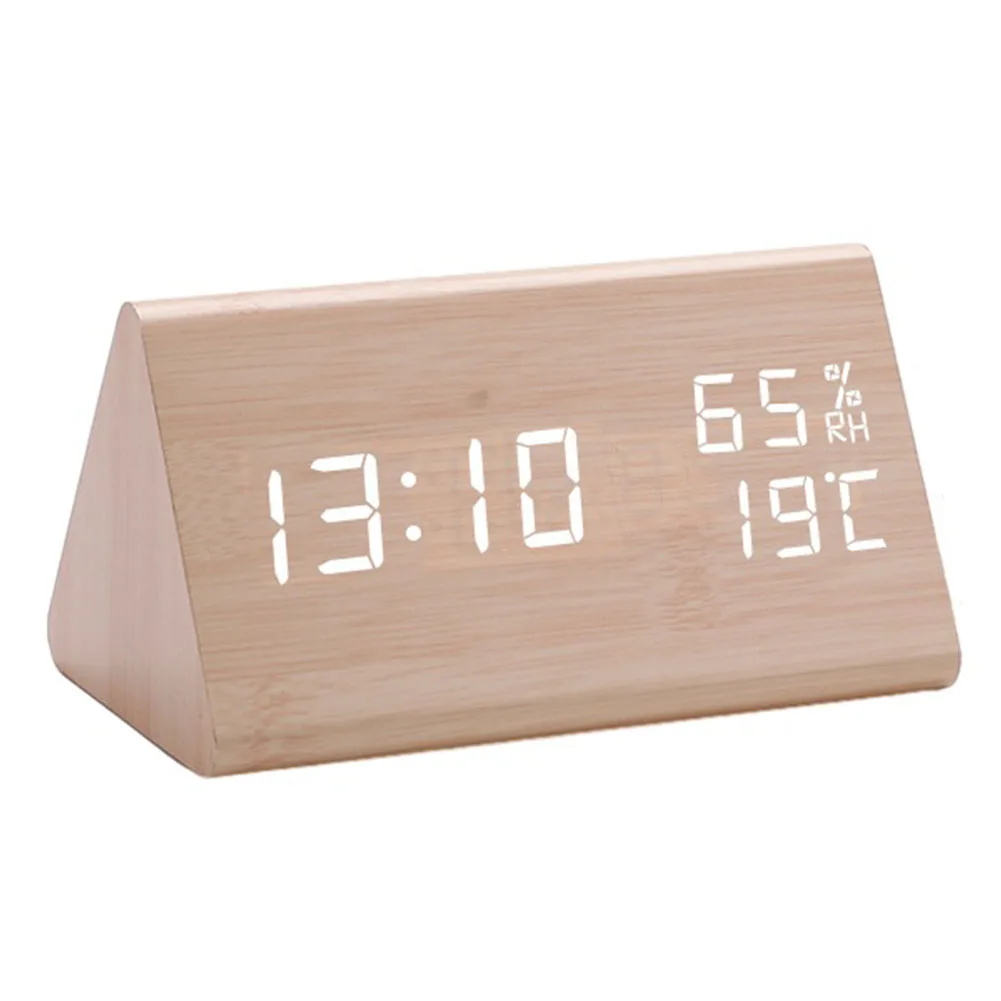 Wooden Digital Clock LED Triangular Electronic Clock Temperature And Humidity USB/AAA Digital Alarm Clocks Bedroom Table Decorat
Wooden Digital Clock LED Triangular Electronic Clock Temperature And Humidity USB/AAA Digital Alarm Clocks Bedroom Table Decorat
