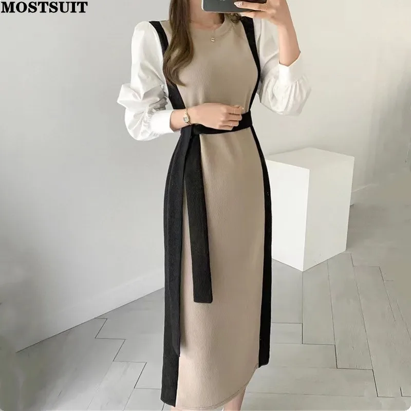 

Korean Workwear Knit Long Dress Women Fake Two Pieces Belted Loose Waist Dresses Spliced Sleeve O-neck Elegant Stylish Vestidos