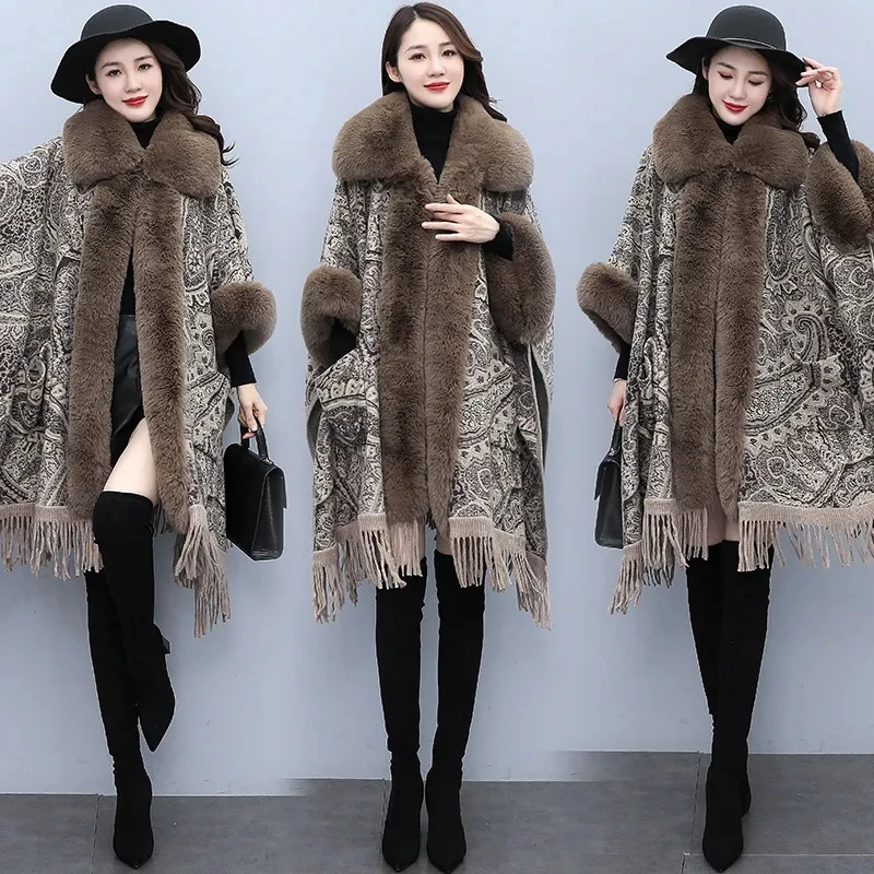 

Faux Fur Coat Cape Womens Hooded Warm Tassels Wool Blends Cardigan Cloak Female 2023 New Winter Outerwear Poncho Wraps