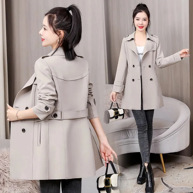 

Casual Double Breasted Slim Trench Coat Women Korean Windbreaker Classics Elegant Female Fashion Belt Khaki Beige Outerwear