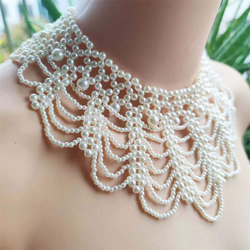 

Pearl Beaded Lace Trim Collar Ribbons Women Necklace Wedding Jewelry for Clothes Wedding Dress Fashion Accessories Creative Gift