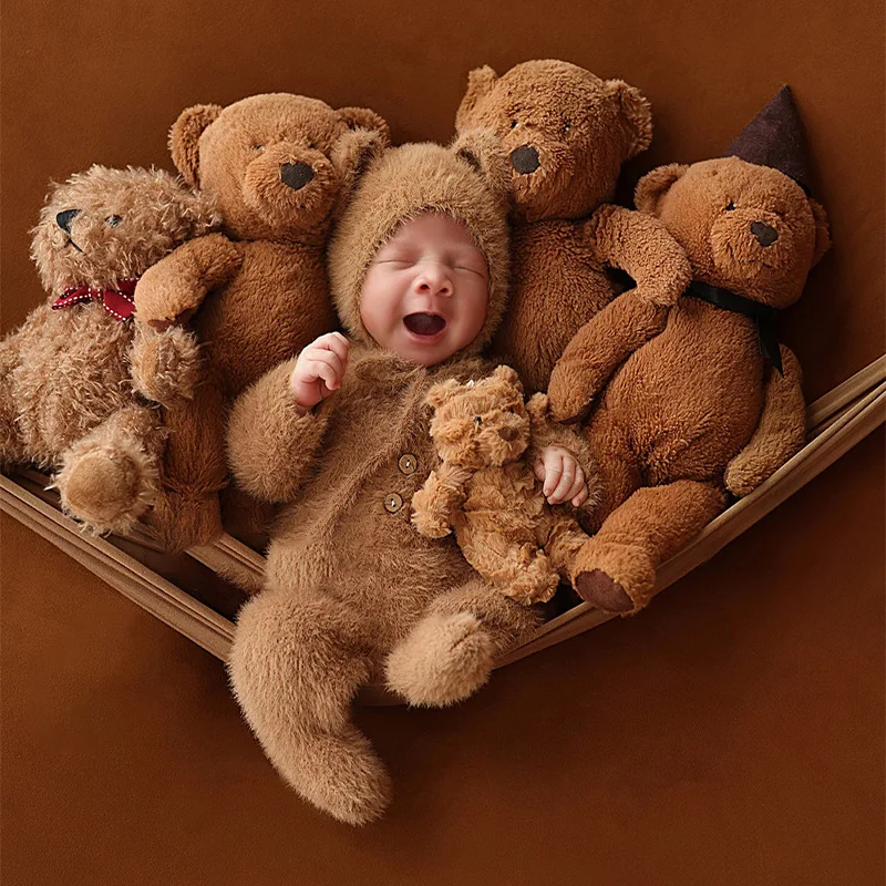 

Наряды для фотосъемки новорожденных, одежда с милым медведем + шапка с медведем, комбинезон, 8 шт., мишка тедди, кукла, студия, креативный реквизит для детской фотосъемки