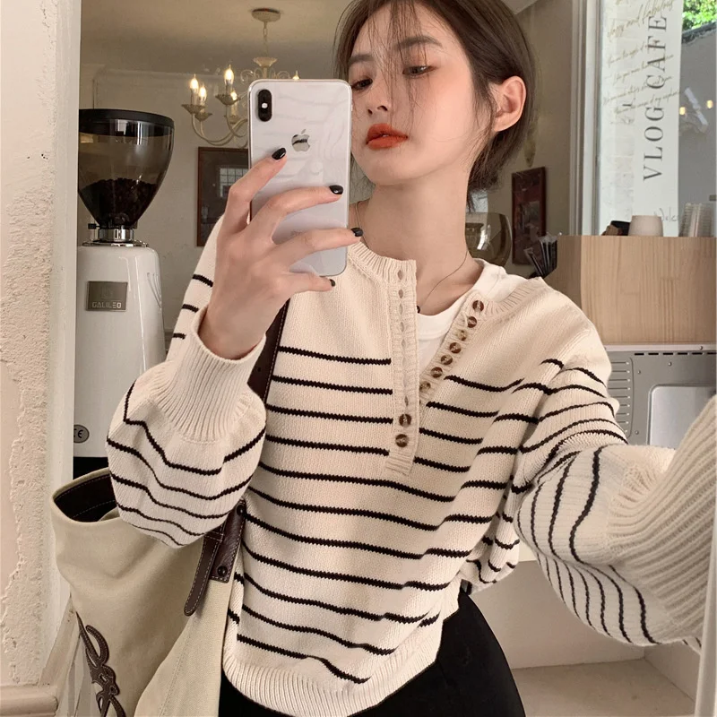 

Striped Sweater Women's 2022 Autumn And Winter New Korean Version Loose Slouchy Style Pullover Soft Waxy Knitwear Top QWU1