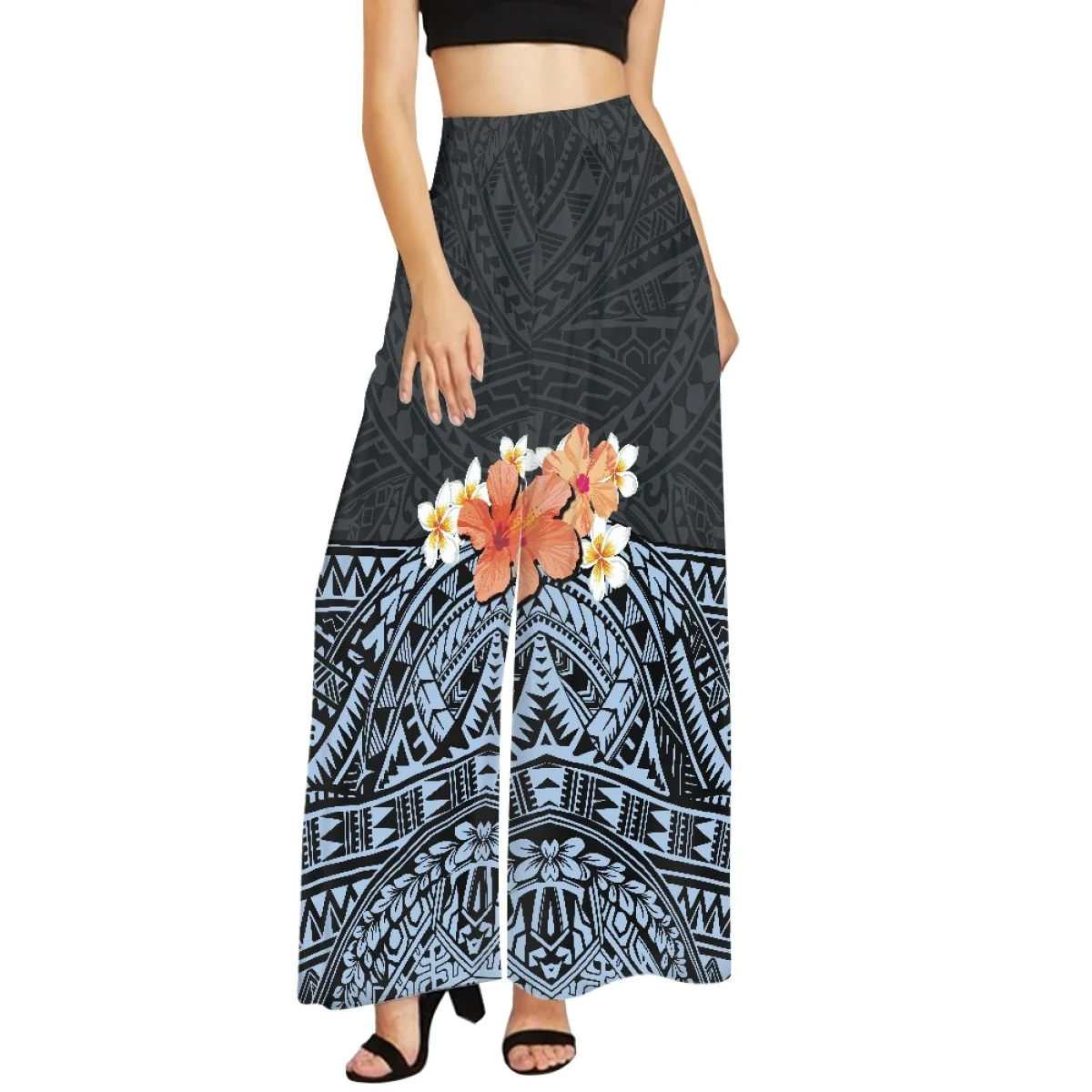 

Hycool Polynesian Tribal Black Print Pants for Women, Ladies High Waist, Wide Leg, Tropical Fashion, Summer, XS-6XL, 2023