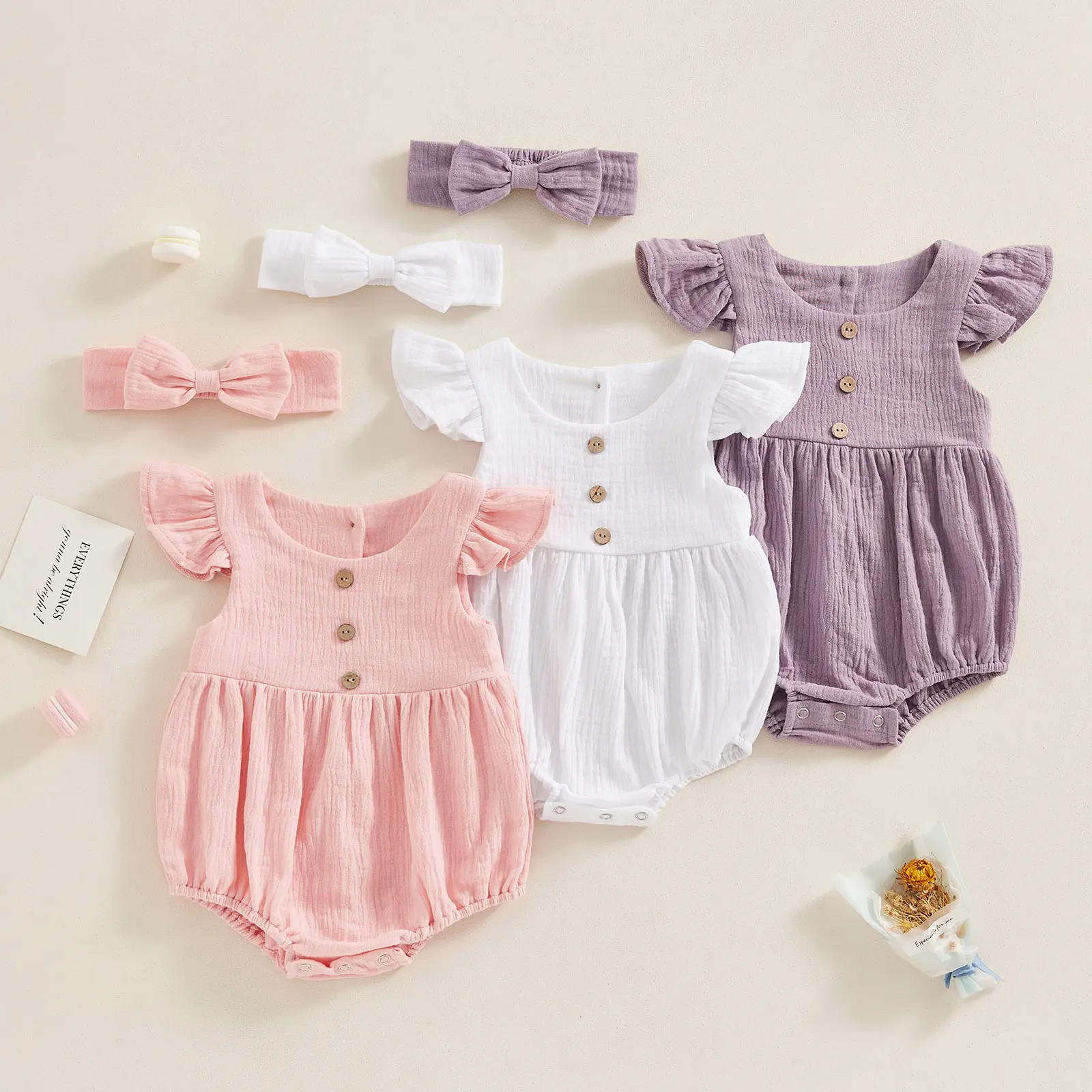 

Summer Newborn Baby Girl Fly Sleeve Bodysuits 0-18 Months Toddler ovely Solid Romper 3D Bow Hairband Toddler 2PCs Clothing Set