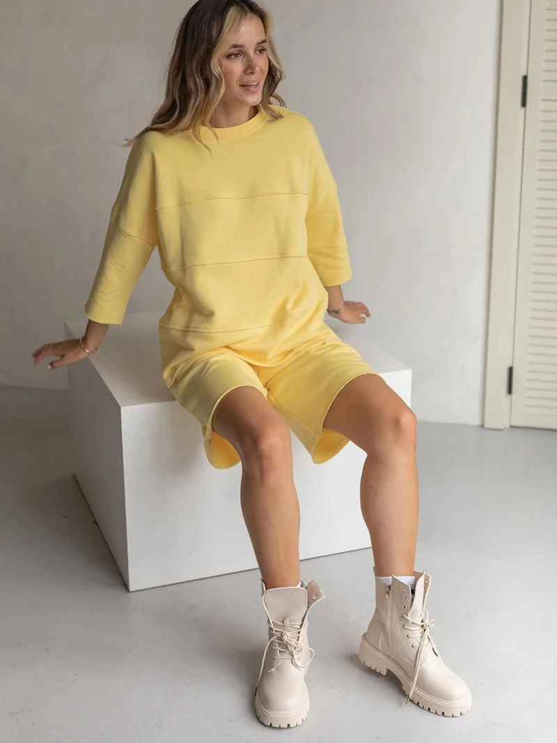 Bornladies Sommer 100% Baumwolle Sets Frauen Casual Zwei Stücke Halbe Hülse Patchwork T Shirts & Hohe Taille Shorts Outfits Trainingsanzug Bornladies Sommer 100% Baumwolle Sets Frauen Casual Zwei Stücke Halbe Hülse Patchwork T Shirts & Hohe Taille Shorts Outfits Trainingsanzug