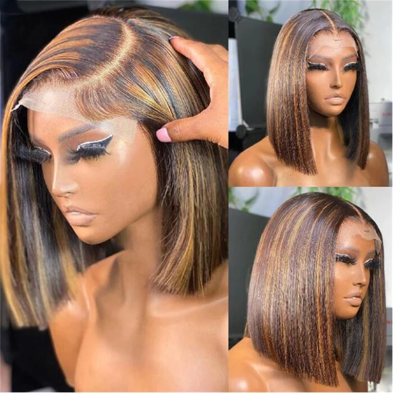 

Soft 180%Density Natural Hairline Ombre Brown Short Bob Preplucked Silky Straight Lace Front Wig For Black Women BabyHair Daily