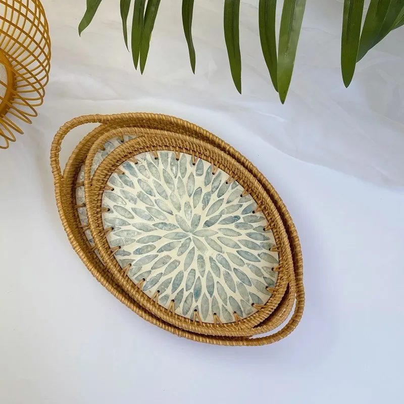 

Rattan Storage Tray Food Storage Platters Fruit Bread Basket Hand-Woven Tea Dessert Serving Tray Breakfast Plate