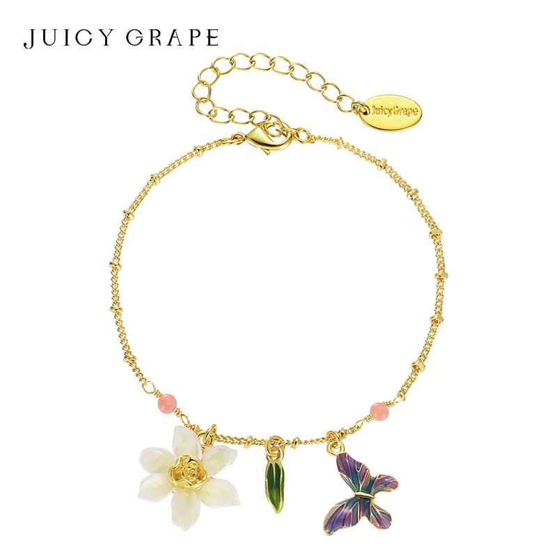 

Juicy Grape Daffodil Butterfly Bracelets for Women 18K Gold Plated Enameled Craft Adjustable Chain Design Birthday Party Jewelry