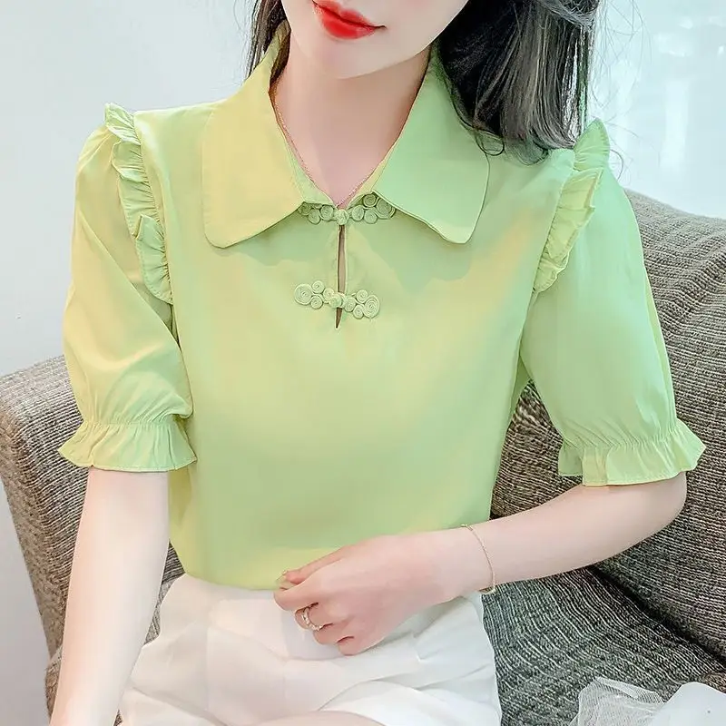 

2024 Summer New Women's Solid Color Turn-down Collar Slim Elegant Versatile Short Sleeve Commuter Pan Button Chiffon Shirt Tops