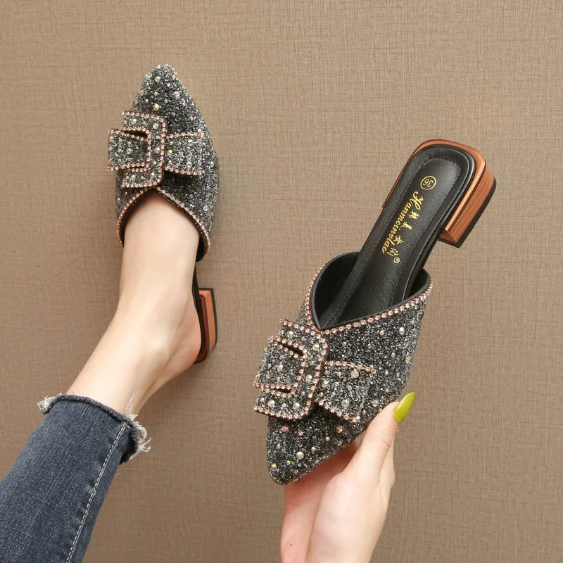 

Shoes Woman 2023 Big Size Cover Toe Slippers Summer Loafers Pantofle Low Flat New Rome PU Fabric Slides Basic Hoof Heels Rubber