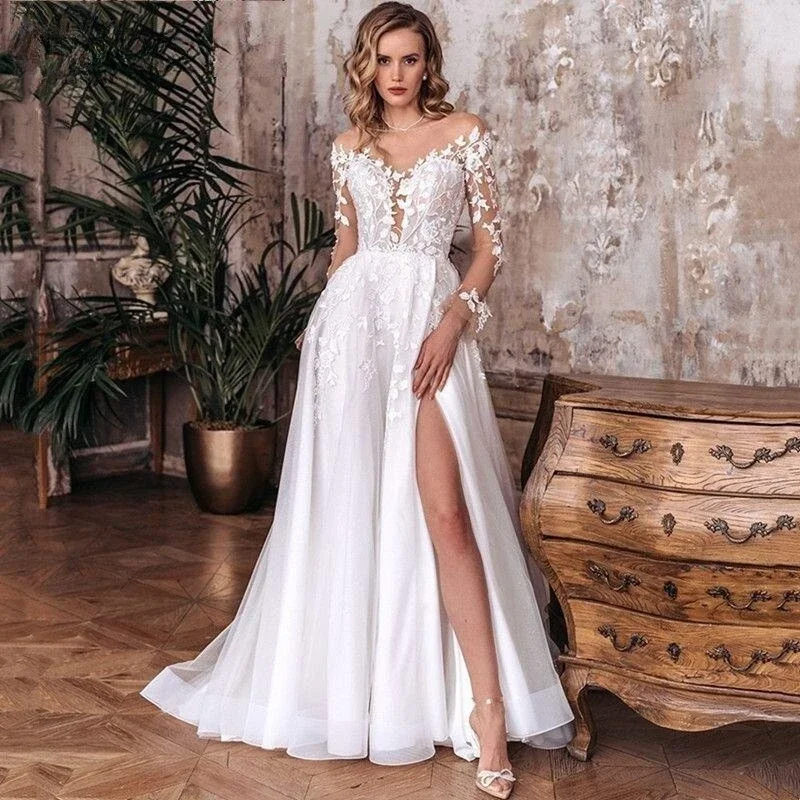 

Sheer O-Neck A Line Wedding Dresses For Bride Long Sleeves With Lace Applique Bridal Gowns Illusion Backless Elegant Robe Mariee