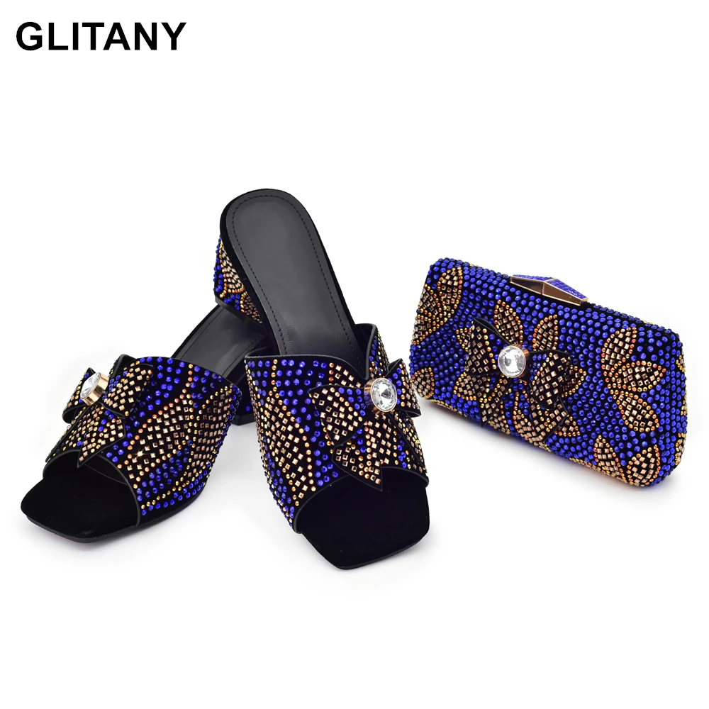 

Nigeria Popular Design African Ladies Shoes and Bag Set Decorated with Rhinestone Wedding Shoes Bride Peep Toe Low Black Heels