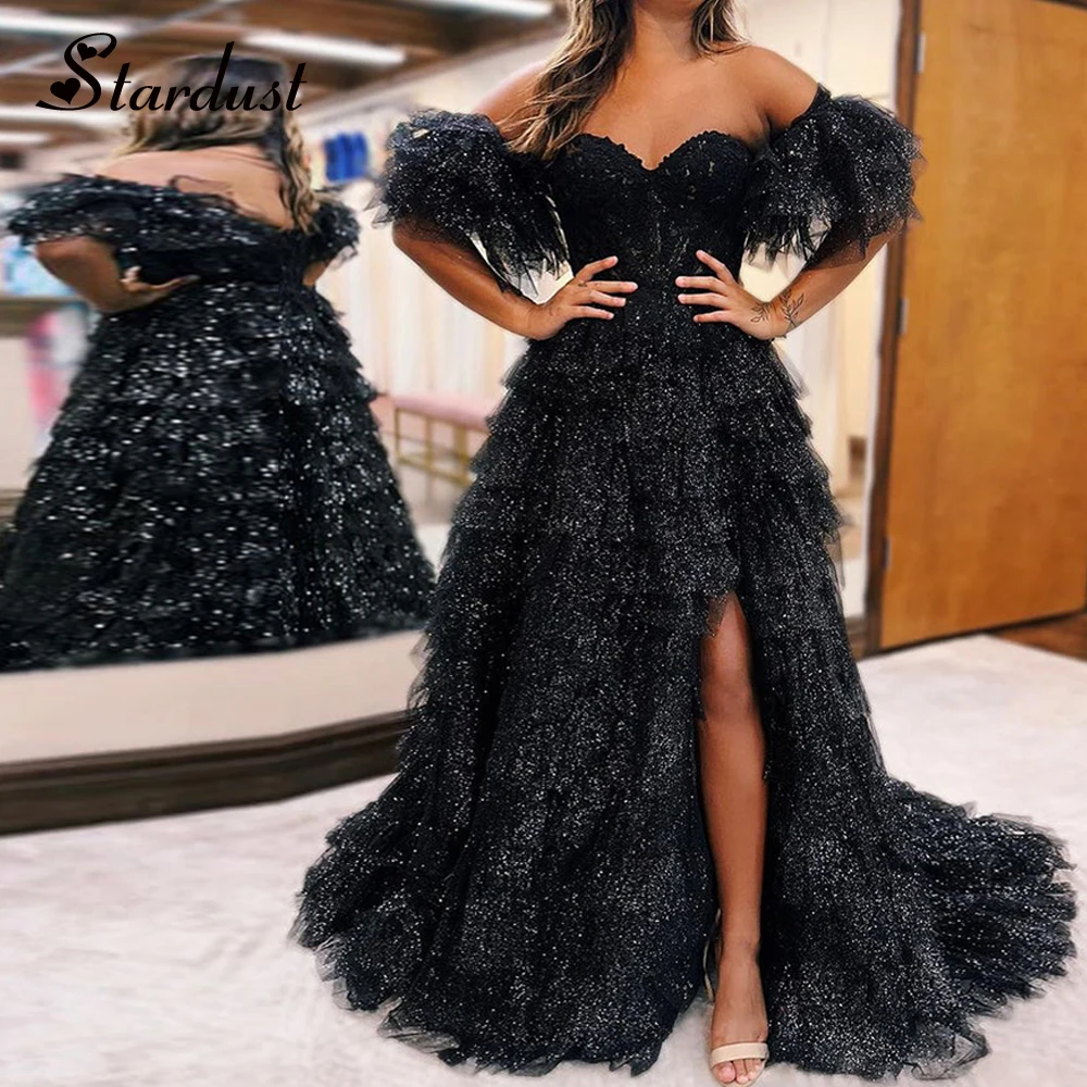 

Stardust Bling Layered Celebrity Dresses Detachable Sleeves Sweetheart Slit Saudi Arabric Prom Gown Vestidos De Festa Customised