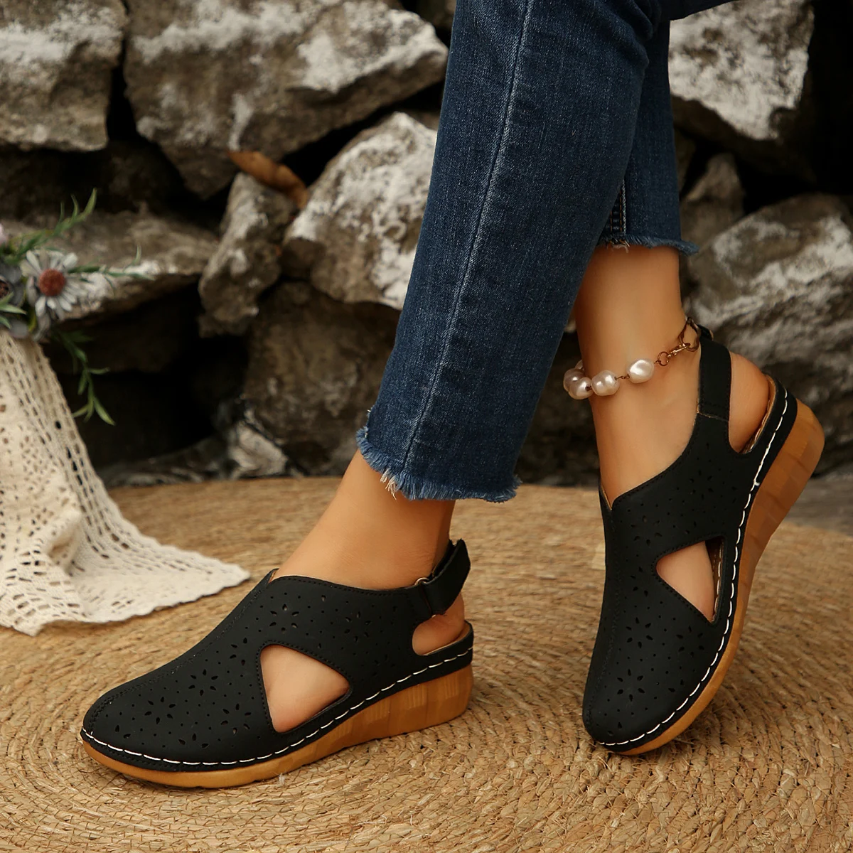 Vintage Women's Wedge Sandals Summer Hollow Out Slingback Casual Cutout Leather Shoes for Ladies 20 Sd4a446af9bf740259d8e0bf8e6e69f64X