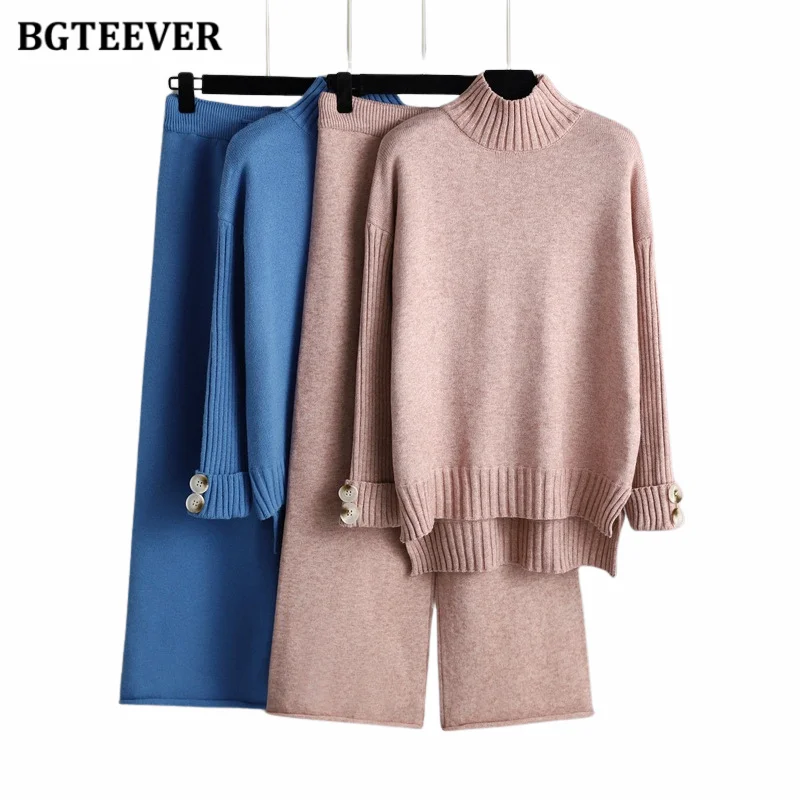 

BGTEEVER Winter Thicken Women Knitted Set Turtleneck Sweaters Female Lace-up Straight Pants Warm Sweater Set for Women