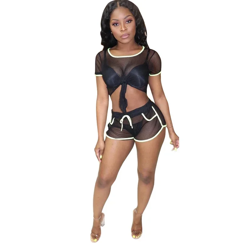 

KEXU Sheer Mesh Short Sleeve Crop Top and Shorts Two Piece Set Sexy Hollow Out Women Party Night Clubwear Summer Clothing