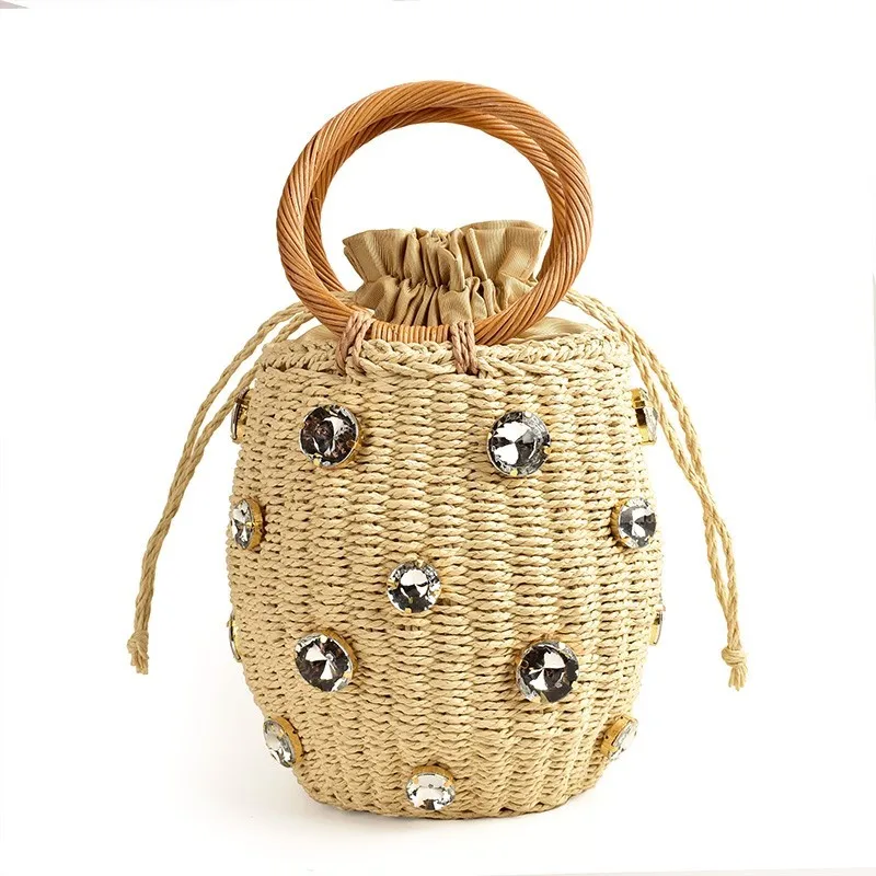 

2021 New Handmade Rhinestone Crystal Embellished Straw Bag Small Straw Bucket Bags Lady Travel Purses and Handbags