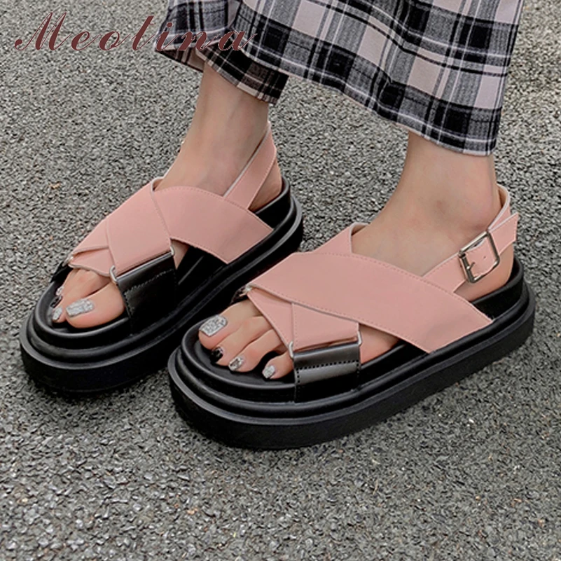 Meotina Women Genuine Leather Sandals Round Toe Flat Platform Mid Heels Buckle Platform Ladies Fashion Shoes Summer Beige 40
Meotina Women Genuine Leather Sandals Round Toe Flat Platform Mid Heels Buckle Platform Ladies Fashion Shoes Summer Beige 40