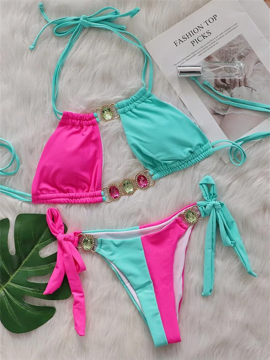 Luxury Rhinestones Splicing Bikini Set Women Halter Patchwork Cut Out