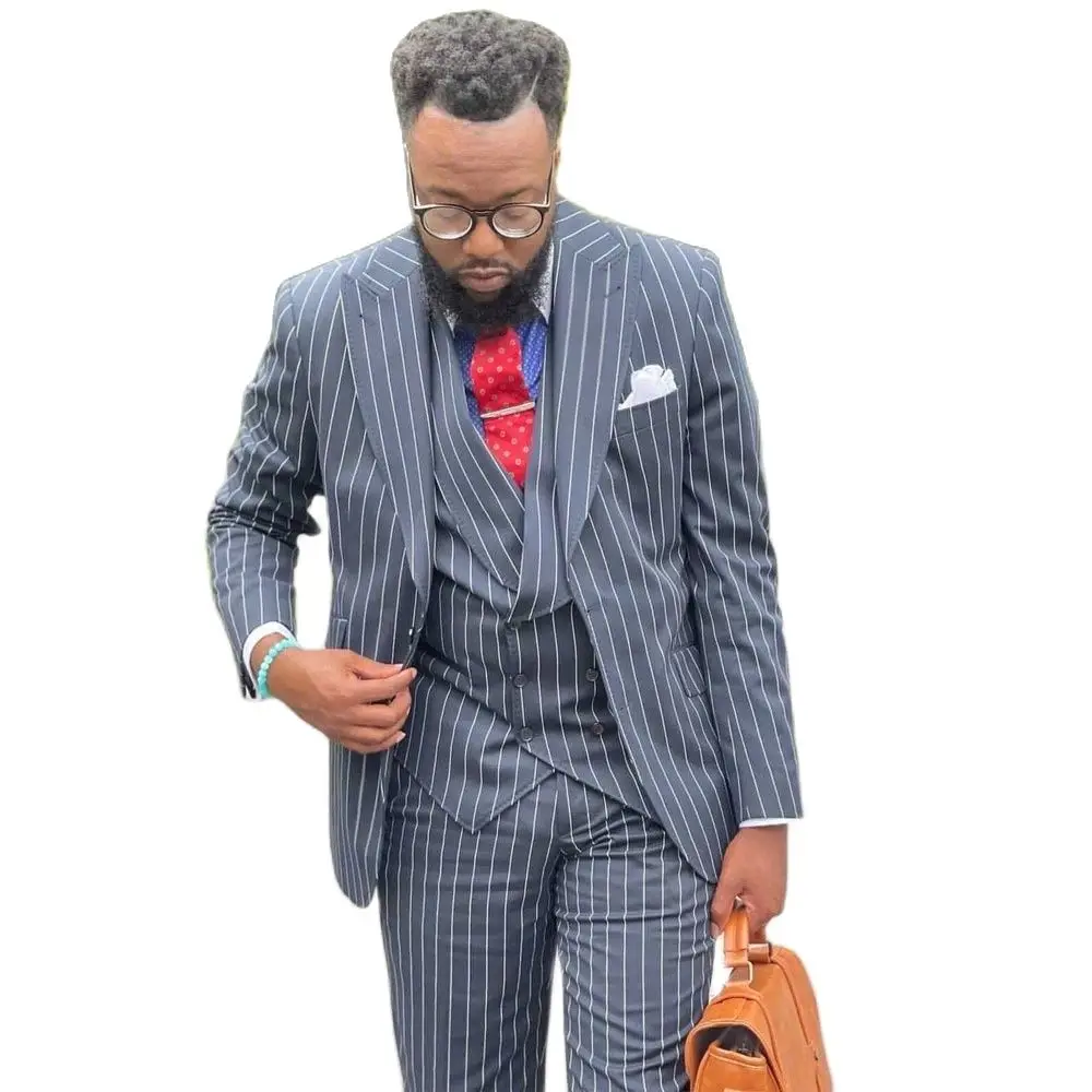 Gray Vertical Stripe Men's Suit Slim Peaked Lapel Blazer Male Tuxedos For Wedding Groom Wear 3 Pieces Prom Jacket Vest And Pants
Gray Vertical Stripe Men's Suit Slim Peaked Lapel Blazer Male Tuxedos For Wedding Groom Wear 3 Pieces Prom Jacket Vest And Pants