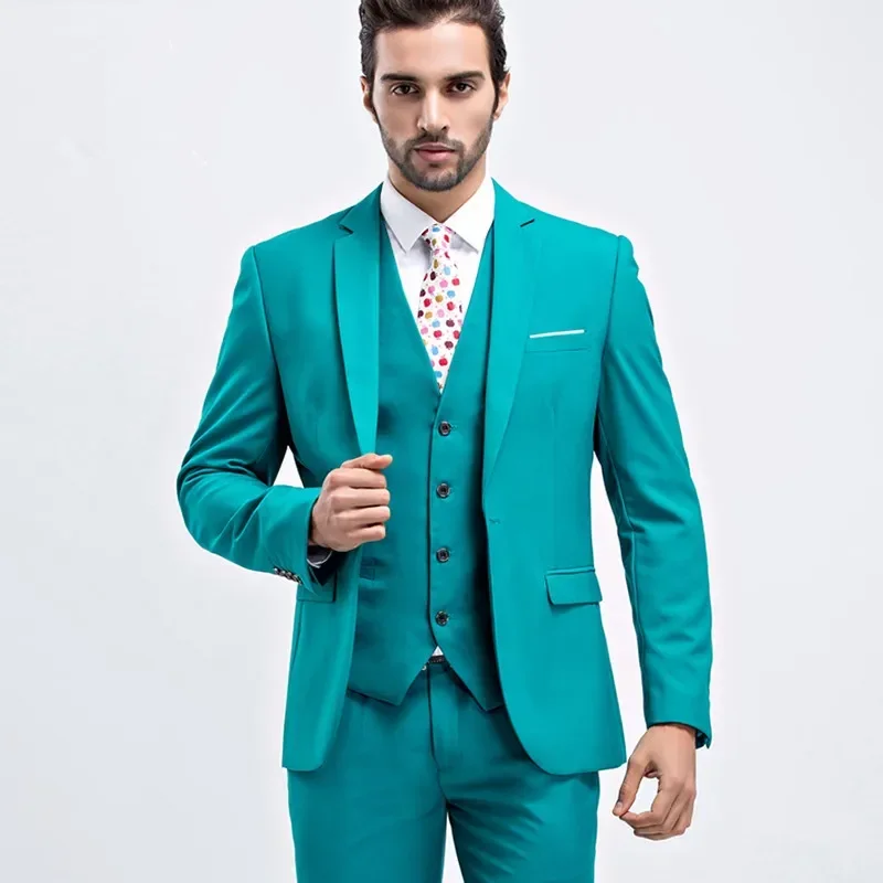 

2024 Turquoise Formal Men Suit Slim Fit 3 Piece Blazer Sets Custom Groom Suits Prom Party Tuxedo Terno Masculino Costume Homme