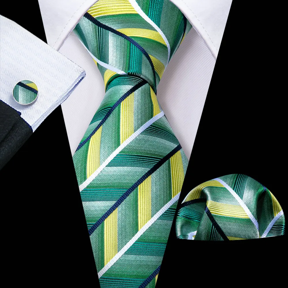 

Fashion Green Striped Men Silk Necktie Brooches Men Tie Handkerchief Cufflinks Sets Men Gift Barry.Wang Designer FA-5843