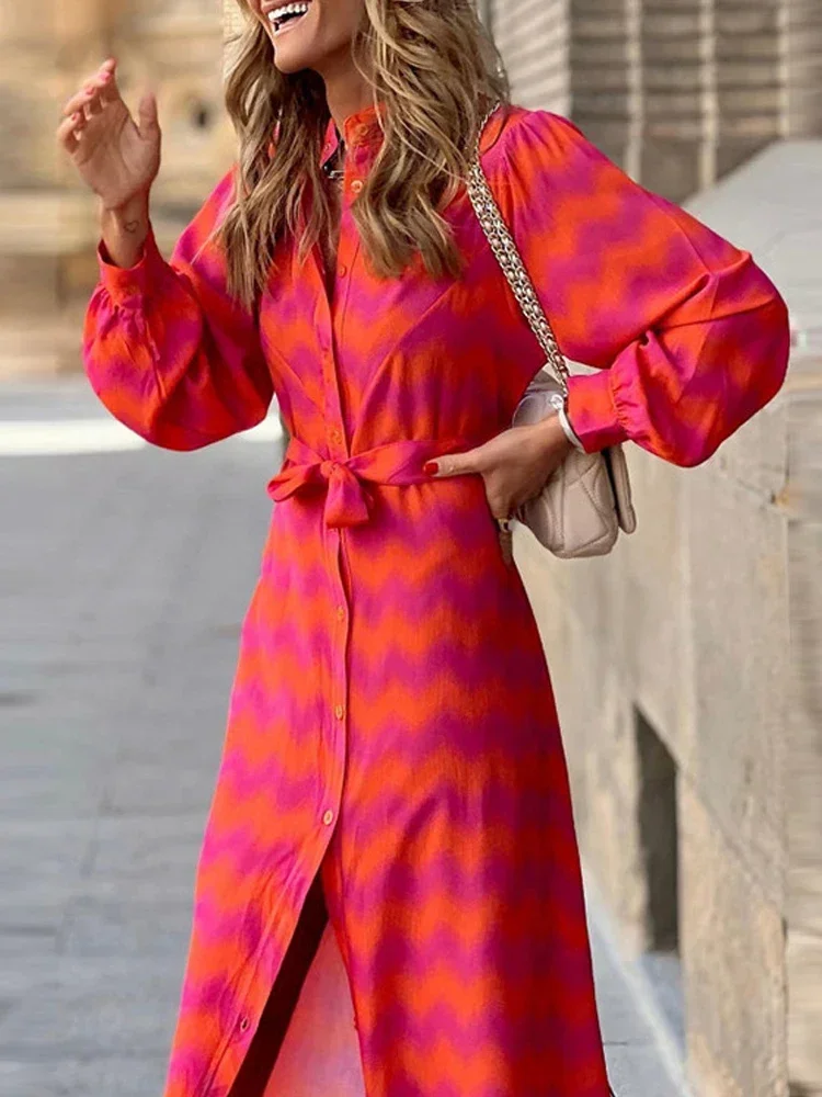 

Elegant Lady Tie Dye Print Ruffled Dress Sexy V-neck Long Sleeved Lace Up Waist Long Dress Fashion Street Irregular Dress