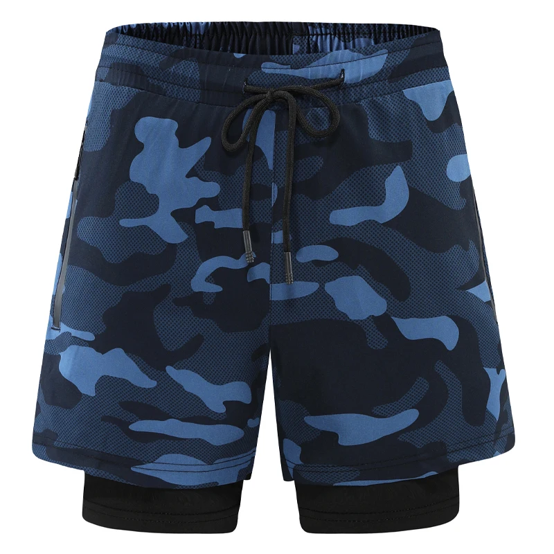 

Men Camouflage Shorts 2 In 1 Sport Running Shorts Zipprt Pockets Training Fitness Shorts New Double Deck Quick Dry Gym Shorts