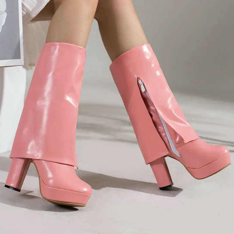 

Chic Winter Orange Pink Green Fold Straight Tube Design Plus Size 47 48 Block High Heels Platform Mid-calf Lady Fashion Boots
