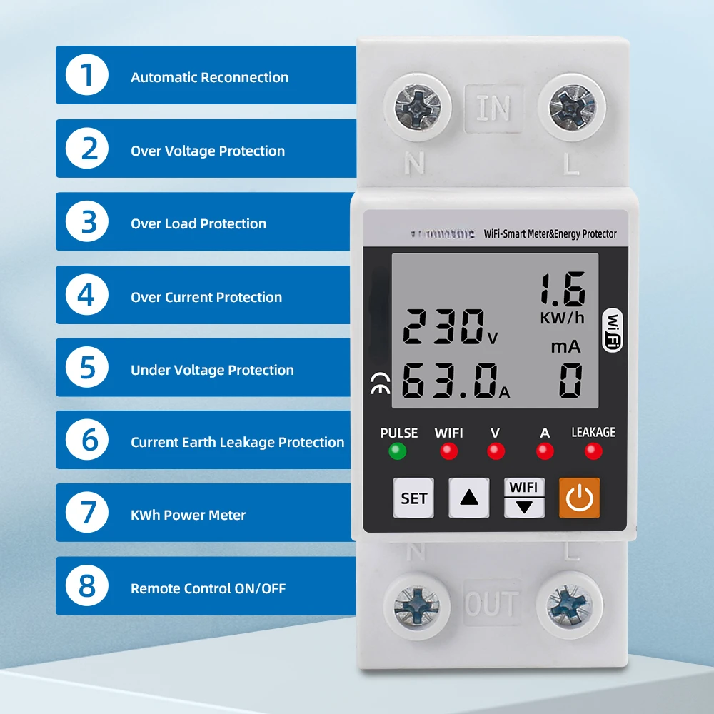 WiFi Smart Earth Leakage Over Under Voltage Protector Relay Circuit Breaker Timer Energy Power kWh Meter Smart
WiFi Smart Earth Leakage Over Under Voltage Protector Relay Circuit Breaker Timer Energy Power kWh Meter Smart
