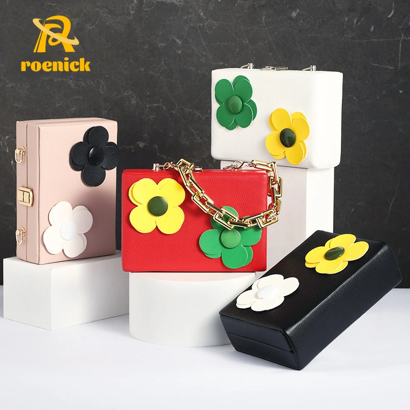 

ROENICK Women 2022 New PU Flower Evening Bags Dinner Vacation Boho Chain Small Square Totes Luxury Designer Box Handbags Purses