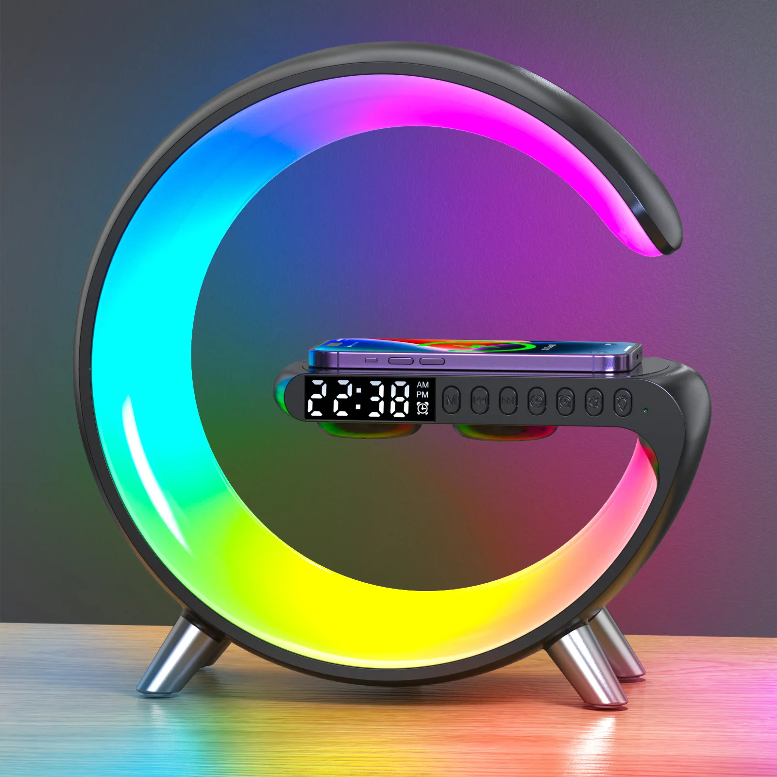 

Многофункциональные часы с функцией ночной подсветки, умное аудио 3 в 1, Настольный светильник с будильником, Беспроводная зарядка, семь цветов, Bluetooth-динамик