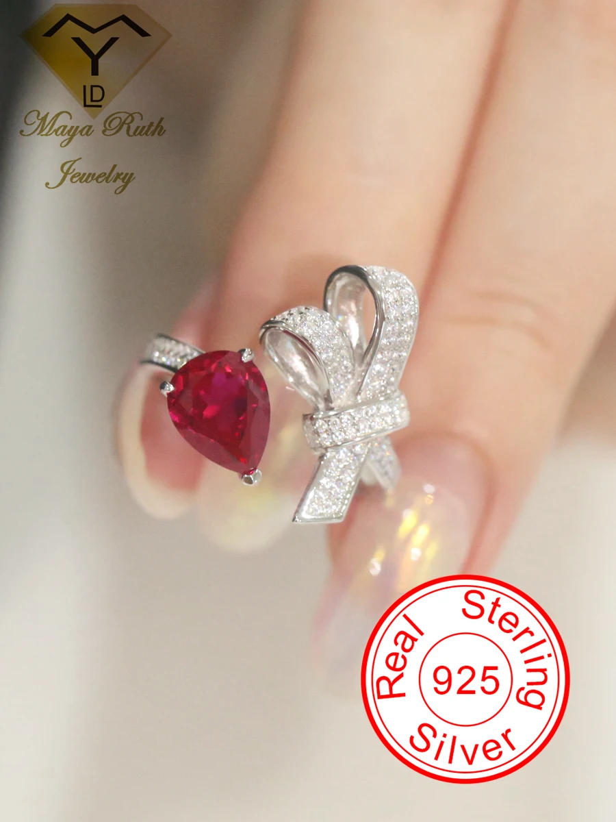 

Created Ruby Gemstone Special Vintage Cocktail Ring 925 Sterling Silver Party for Women Gifts Bowknot Teardrop Pear Shape New