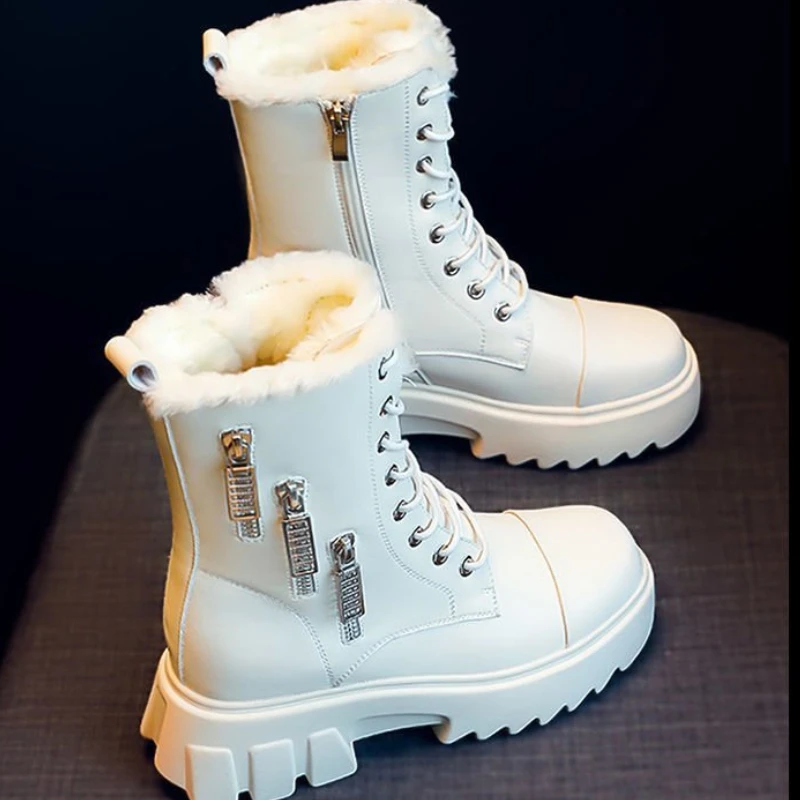 

Winter Women Snow Boots British Style Lace Up Warm Fleece Side Zipper Short Boots Outdoor Hiking Shoes Botas Para Neve Feminina