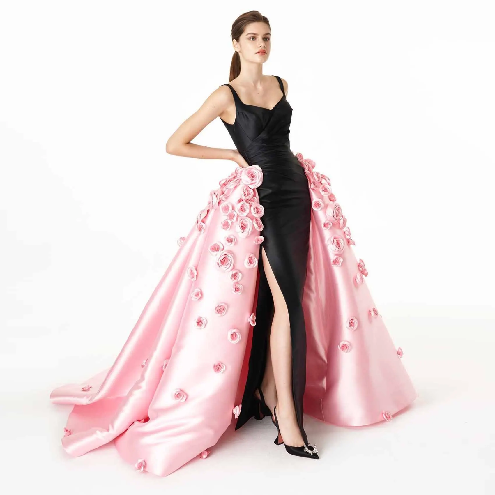 Floral Prom Gowns Long Overskirt robe de soiree Pink Black 2 Colors Party Dress Luxury Evening Gowns with Split Straight
Floral Prom Gowns Long Overskirt robe de soiree Pink Black 2 Colors Party Dress Luxury Evening Gowns with Split Straight