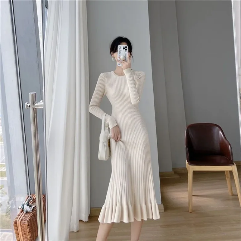 

Платья для женщин накидка средней длины официальная одежда однотонное Женское Платье До Колена черное белое вязаное крючком модное корейское трикотажное