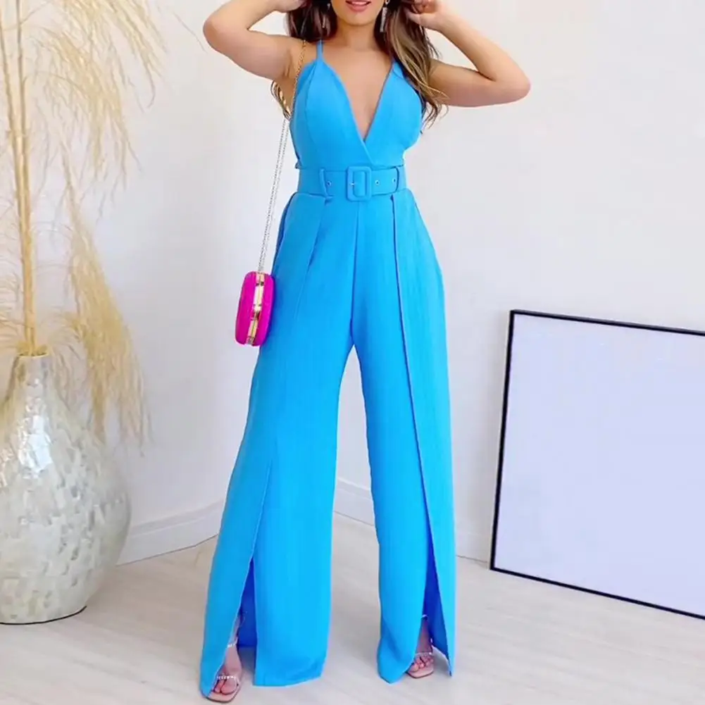 

Women Backless Jumpsuit Elegant V Neck Jumpsuit with Wide Leg Belted Waist Chic Business Attire for Women Stylish Summer Office