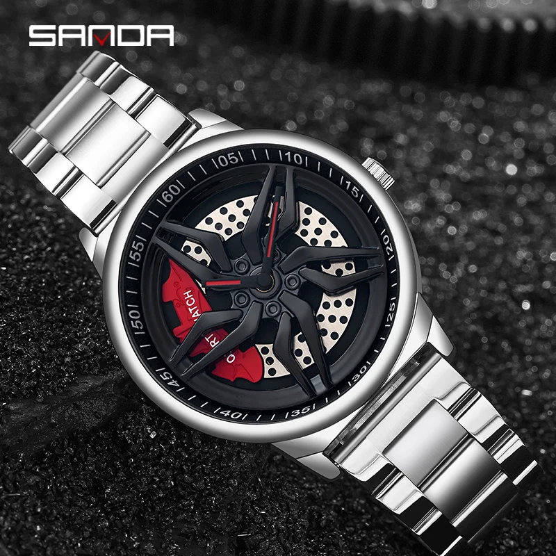 

SANDA Car Wheel Watch Men Quartz Rotating Dial Waterproof Sport Steel Clock Creative Rim Hub Wheel Wristwatch Relogio masculino